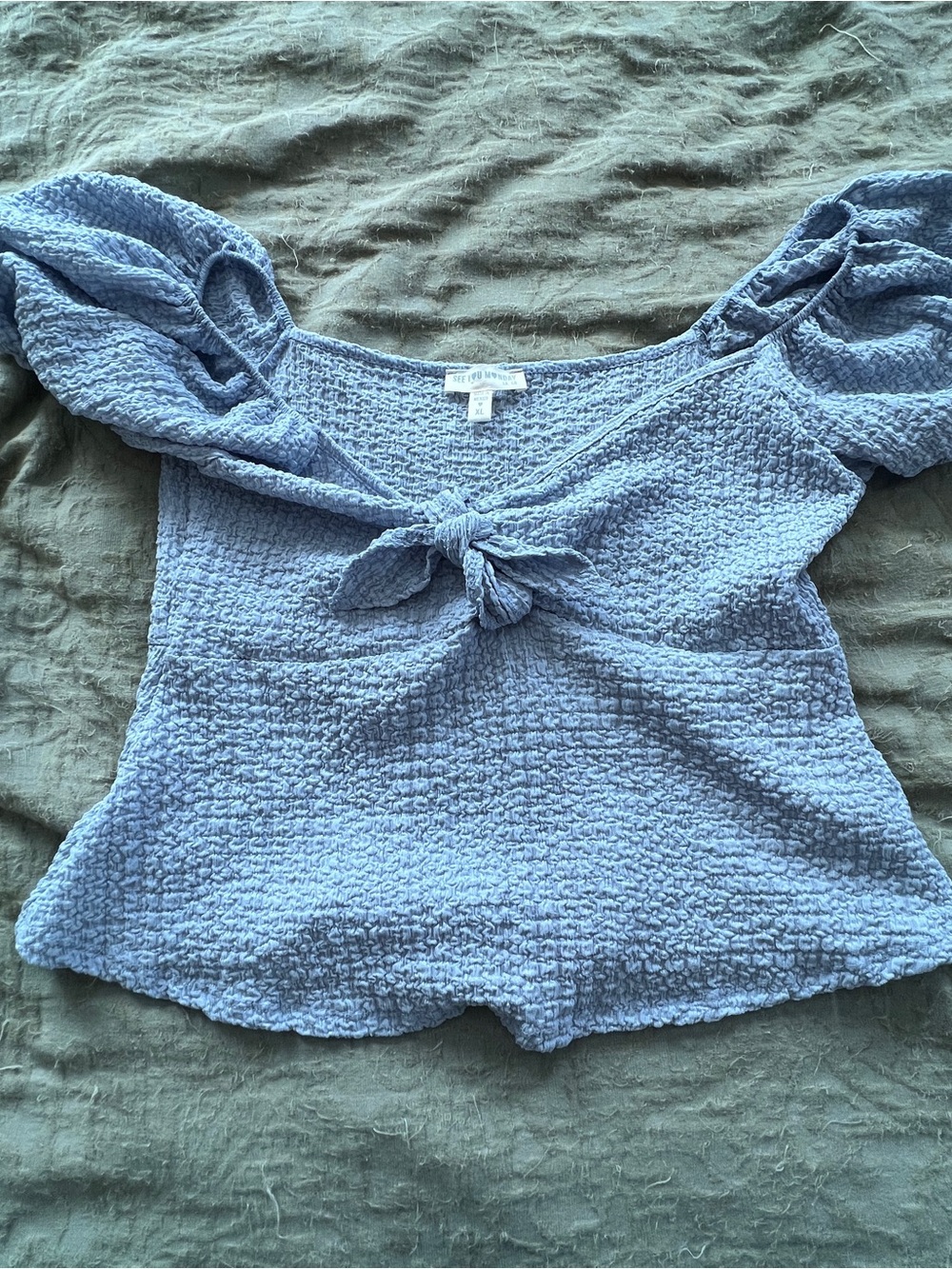 Pastel Blue Feminine Coquette Babydoll Top Size XL Puff Sleeves Front Tie